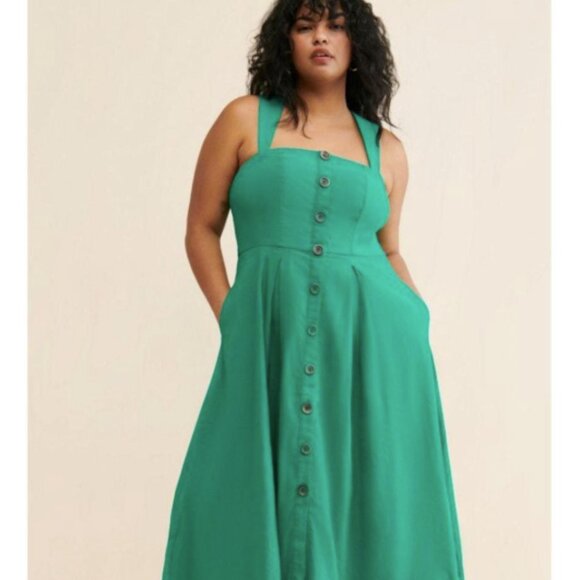 NWT Anthropologie Maeve Green Square neck Button Down Midi Dress - Picture 1 of 15